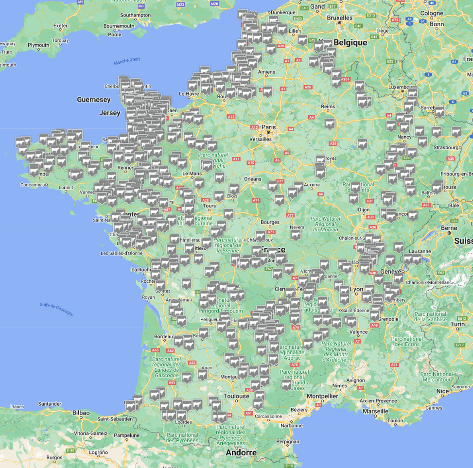 Carte de la répartition géographique des éleveurs partenaires d'Élevage et Patrimoine