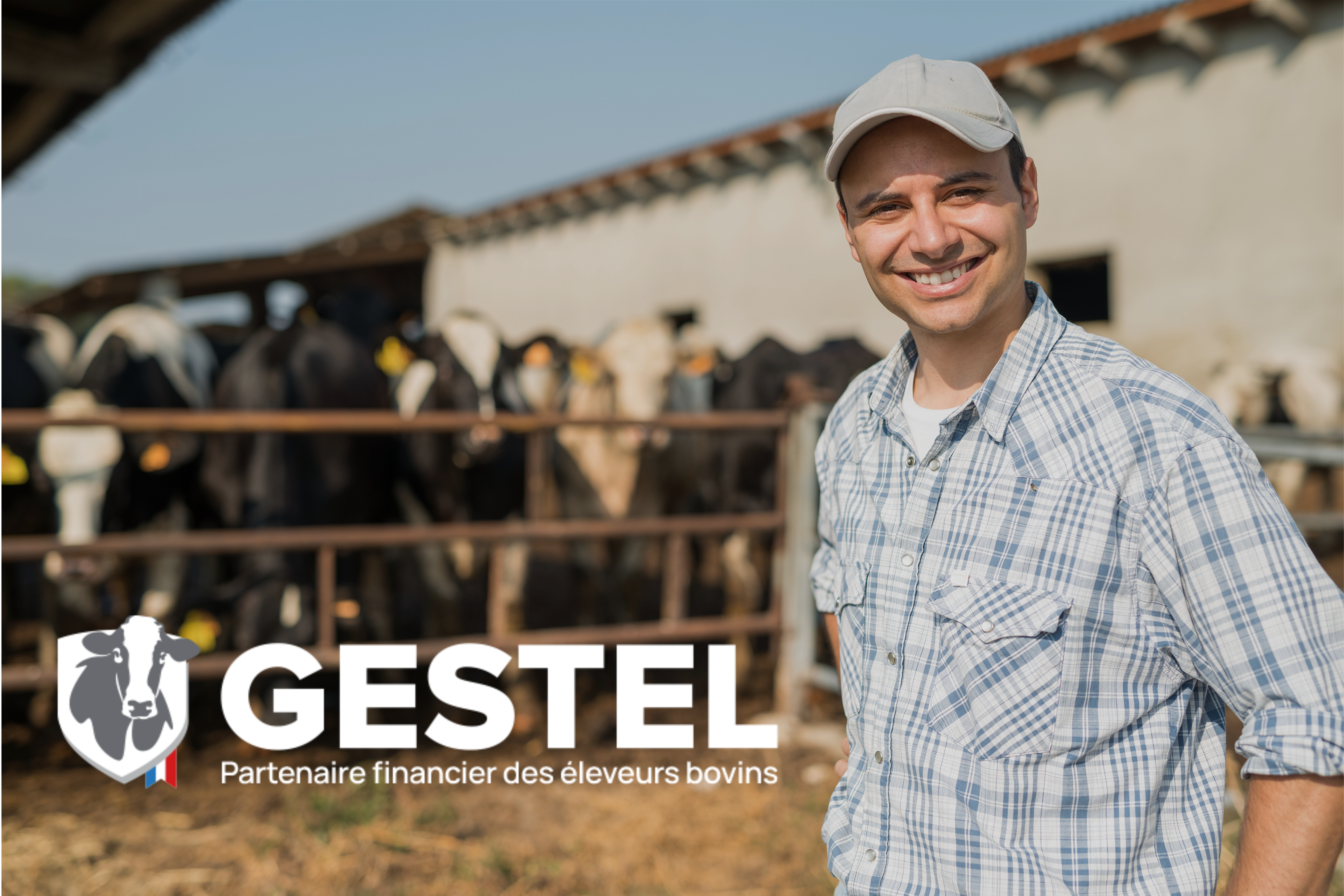 Un éleveurs souriant et fier pose devant son exploitation de vache